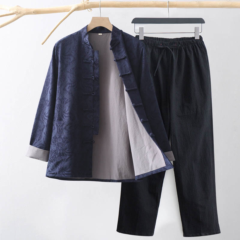 Buddha Stones 2Pcs Men's Tang Suit Jacquard Vine Pattern Frog-Button Cotton Long Sleeve Shirt Pants Set - SteelBlue - US/UK/AU44，EU54 (4XL) - image 0
