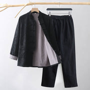 Foviel 2Pcs Men's Tang Suit Jacquard Vine Pattern Frog-Button Cotton Long Sleeve Shirt Pants Set
