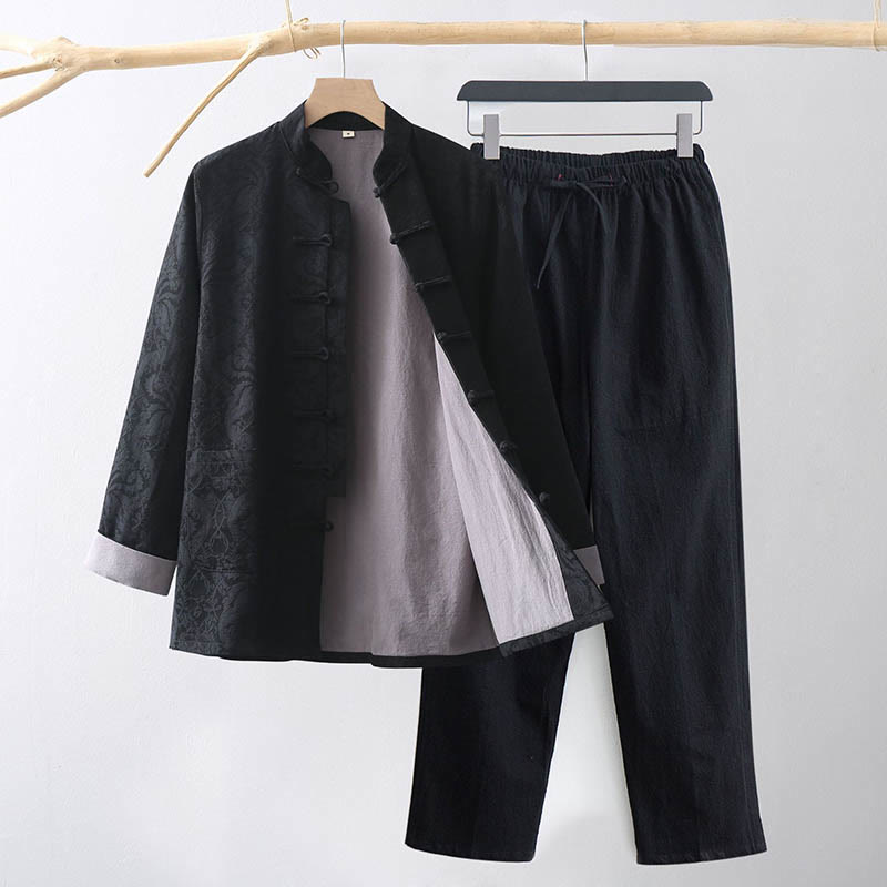 Buddha Stones 2Pcs Men's Tang Suit Jacquard Vine Pattern Frog-Button Cotton Long Sleeve Shirt Pants Set - Black - US/UK/AU44，EU54 (4XL) - image 10