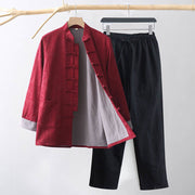 Foviel 2Pcs Men's Tang Suit Jacquard Vine Pattern Frog-Button Cotton Long Sleeve Shirt Pants Set