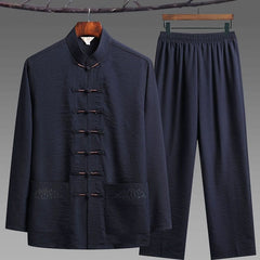 Buddha Stones 2Pcs Plain Tang Suit Men's Frog-Button Long Sleeve Shirt Pants Set - SteelBlue - 2Pcs Set - US/UK/AU44，EU54 (4XL) - image 0