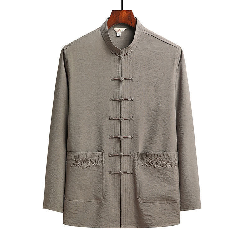 Buddha Stones 2Pcs Plain Tang Suit Men's Frog-Button Long Sleeve Shirt Pants Set - Tan - Shirt - US/UK/AU44，EU54 (4XL) - image 15