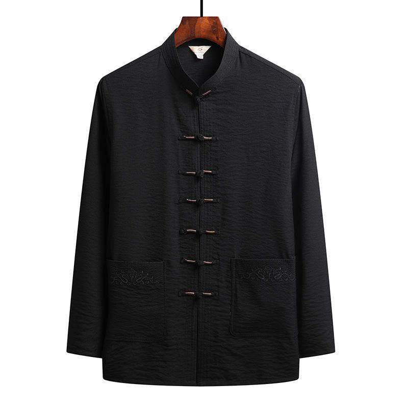 Buddha Stones 2Pcs Plain Tang Suit Men's Frog-Button Long Sleeve Shirt Pants Set - Black - Shirt - US/UK/AU44，EU54 (4XL) - image 9
