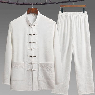 Buddha Stones 2Pcs Plain Tang Suit Men's Frog-Button Long Sleeve Shirt Pants Set - White - 2Pcs Set - US/UK/AU44，EU54 (4XL) - image 12