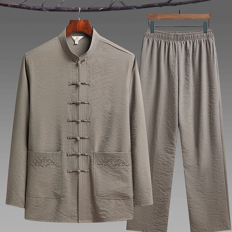 Buddha Stones 2Pcs Plain Tang Suit Men's Frog-Button Long Sleeve Shirt Pants Set - Tan - 2Pcs Set - US/UK/AU44，EU54 (4XL) - image 14