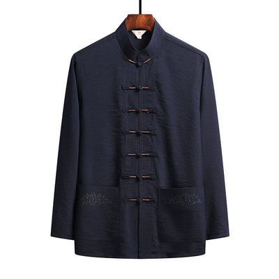 Buddha Stones 2Pcs Plain Tang Suit Men's Frog-Button Long Sleeve Shirt Pants Set - SteelBlue - Shirt - US/UK/AU44，EU54 (4XL) - image 1