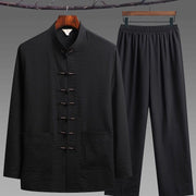 Foviel 2Pcs Plain Tang Suit Men's Frog-Button Long Sleeve Shirt Pants Set