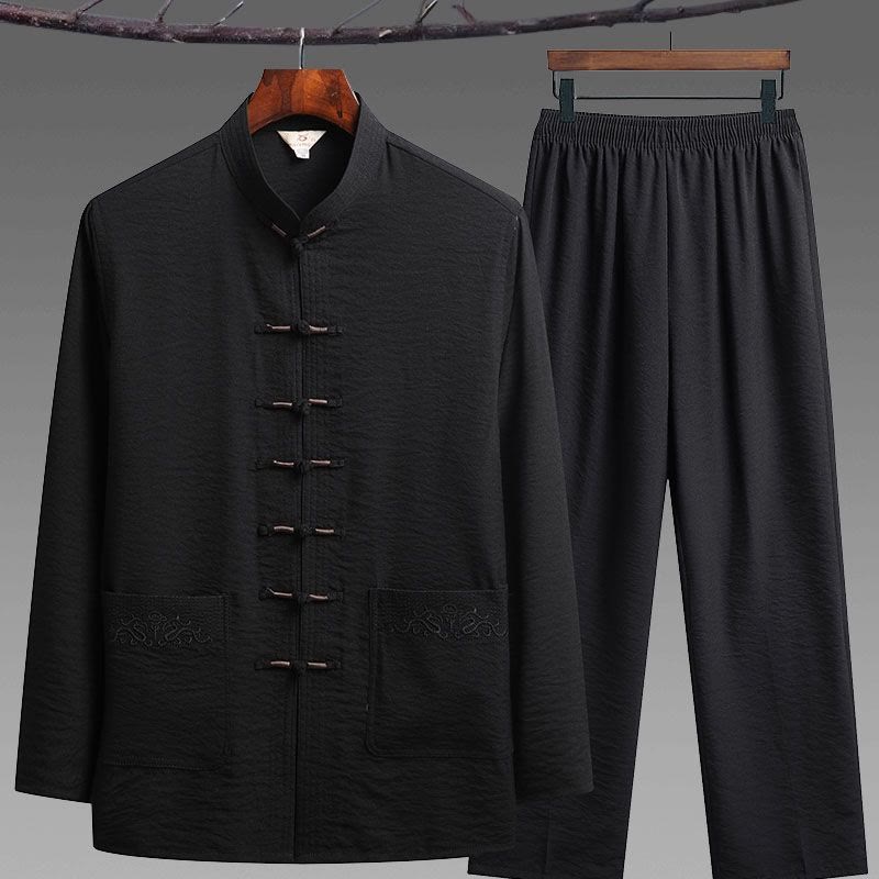 Buddha Stones 2Pcs Plain Tang Suit Men's Frog-Button Long Sleeve Shirt Pants Set - Black - 2Pcs Set - US/UK/AU44，EU54 (4XL) - image 8
