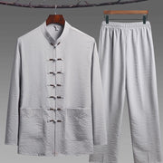Foviel 2Pcs Plain Tang Suit Men's Frog-Button Long Sleeve Shirt Pants Set