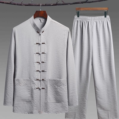 Buddha Stones 2Pcs Plain Tang Suit Men's Frog-Button Long Sleeve Shirt Pants Set - LightGrey - 2Pcs Set - US/UK/AU44，EU54 (4XL) - image 10