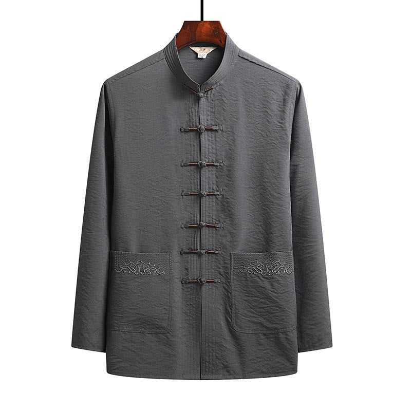Buddha Stones 2Pcs Plain Tang Suit Men's Frog-Button Long Sleeve Shirt Pants Set - Gray - Shirt - US/UK/AU44，EU54 (4XL) - image 3