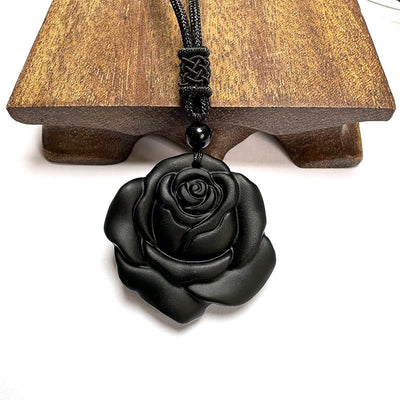 Collier pendentif de purification rose noire en obsidienne noire Foviel