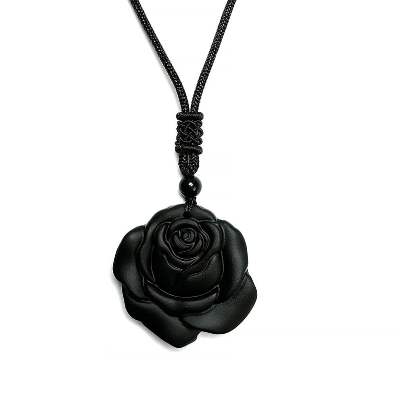 Collier pendentif de purification rose noire en obsidienne noire Foviel