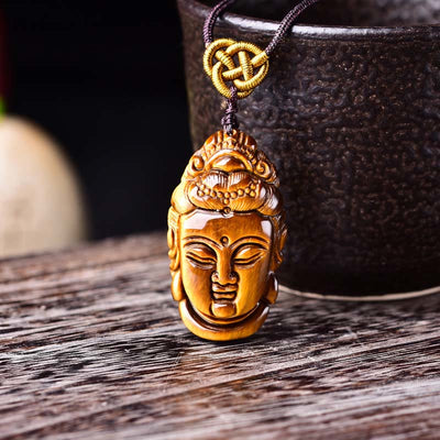 Foviel Tiger Eye Kwan Yin Avalokitesvara Head String Strength Necklace Pendant