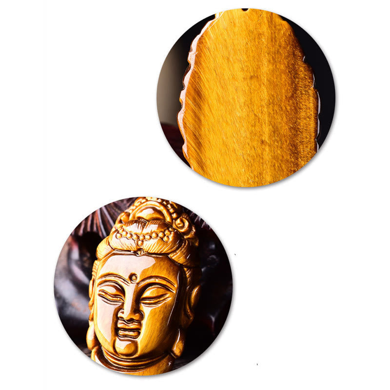 Foviel Tiger Eye Kwan Yin Avalokitesvara Head String Strength Necklace Pendant