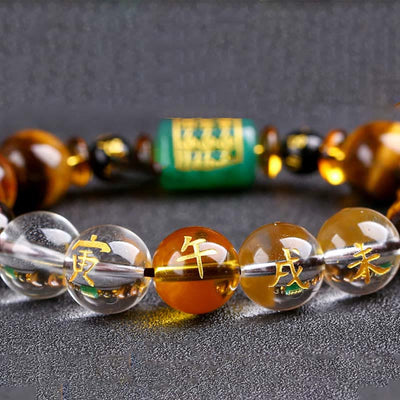 Bracelet de courage Foviel en œil de tigre et cristal blanc du zodiaque chinois