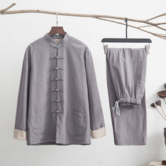 Buddha Stones 2Pcs Zen Tang Suit Men's Linen Frog-Button Long Sleeve Shirt Pants Set Men's Meditation Cloth BS Gray US/UK/AU44，EU54 (4XL)