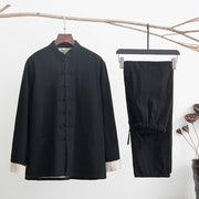 Foviel 2Pcs Zen Tang Suit Men's Linen Frog-Button Long Sleeve Shirt Pants Set