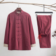 Foviel 2Pcs Zen Tang Suit Men's Linen Frog-Button Long Sleeve Shirt Pants Set