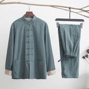 Foviel 2Pcs Zen Tang Suit Men's Linen Frog-Button Long Sleeve Shirt Pants Set