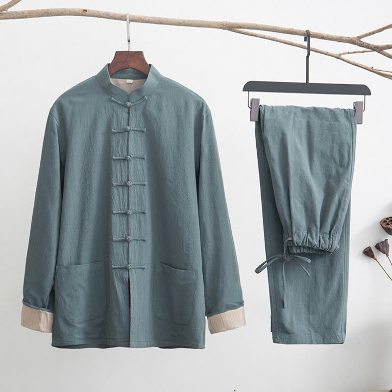 Buddha Stones 2Pcs Zen Tang Suit Men's Linen Frog-Button Long Sleeve Shirt Pants Set Men's Meditation Cloth BS CadetBlue US/UK/AU44，EU54 (4XL)
