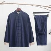 Foviel 2Pcs Zen Tang Suit Men's Linen Frog-Button Long Sleeve Shirt Pants Set