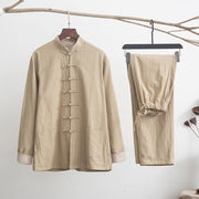 Foviel 2Pcs Zen Tang Suit Men's Linen Frog-Button Long Sleeve Shirt Pants Set