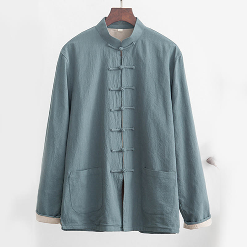 Buddha Stones 2Pcs Zen Tang Suit Men's Linen Frog-Button Long Sleeve Shirt Pants Set Men's Meditation Cloth BS 5
