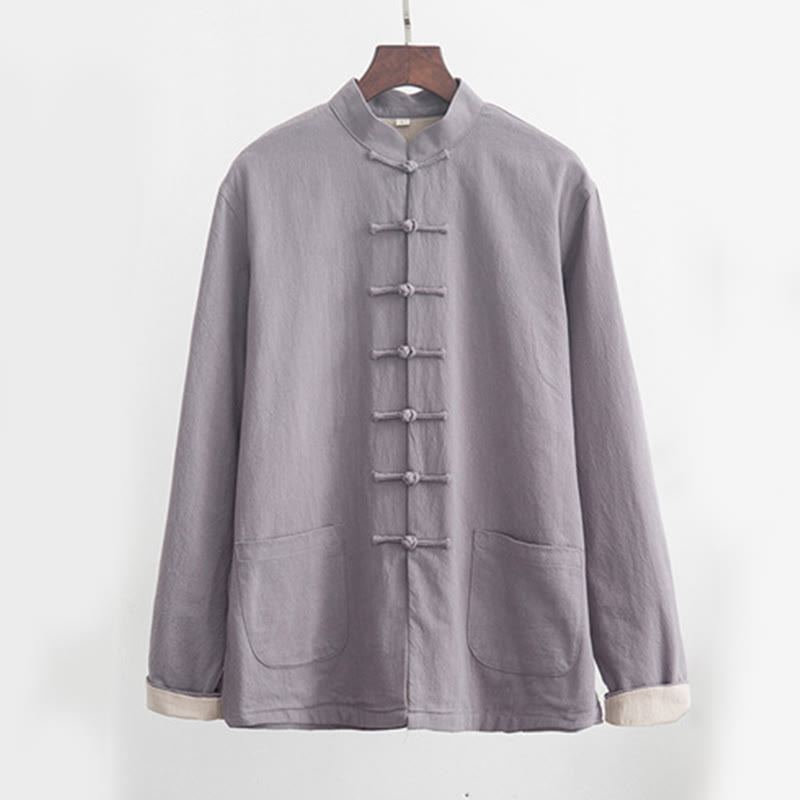 Buddha Stones 2Pcs Zen Tang Suit Men's Linen Frog-Button Long Sleeve Shirt Pants Set Men's Meditation Cloth BS 1