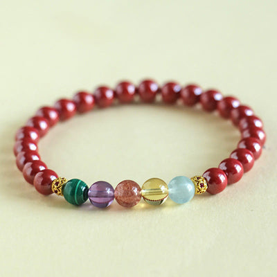 Bracelet de bénédiction en cinabre, aigue-marine, citrine, quartz fraise, améthyste et malachite Foviel