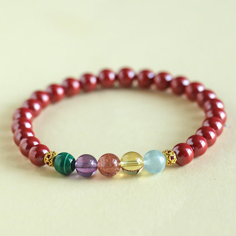 Bracelet de bénédiction en cinabre, aigue-marine, citrine, quartz fraise, améthyste et malachite Foviel