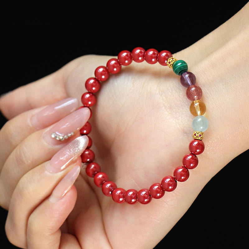 Bracelet de bénédiction en cinabre, aigue-marine, citrine, quartz fraise, améthyste et malachite Foviel