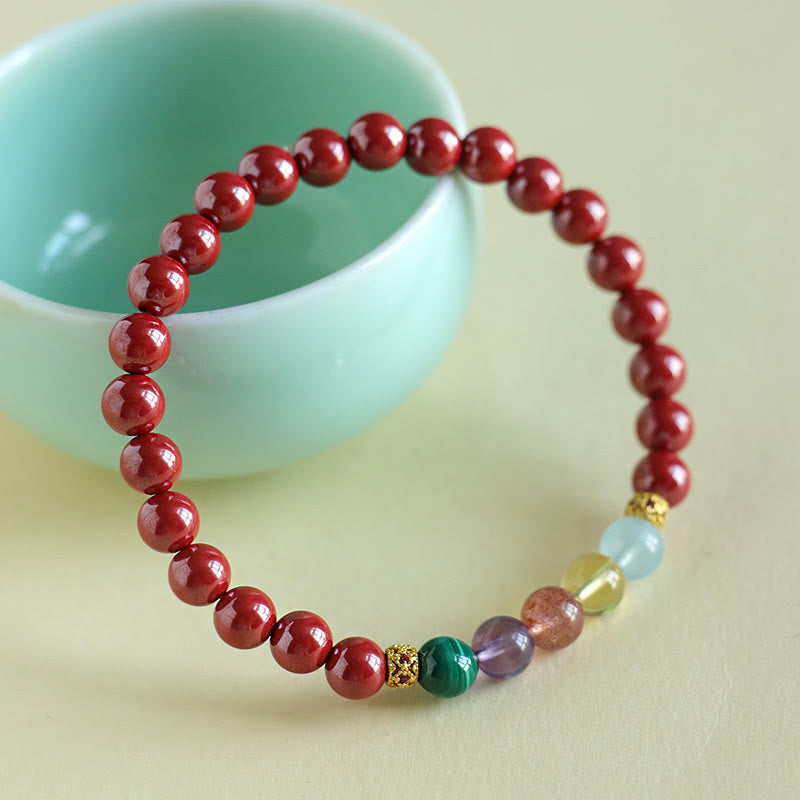 Bracelet de bénédiction en cinabre, aigue-marine, citrine, quartz fraise, améthyste et malachite Foviel