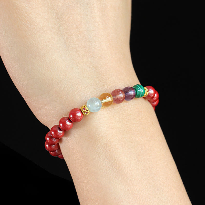 Bracelet de bénédiction en cinabre, aigue-marine, citrine, quartz fraise, améthyste et malachite Foviel