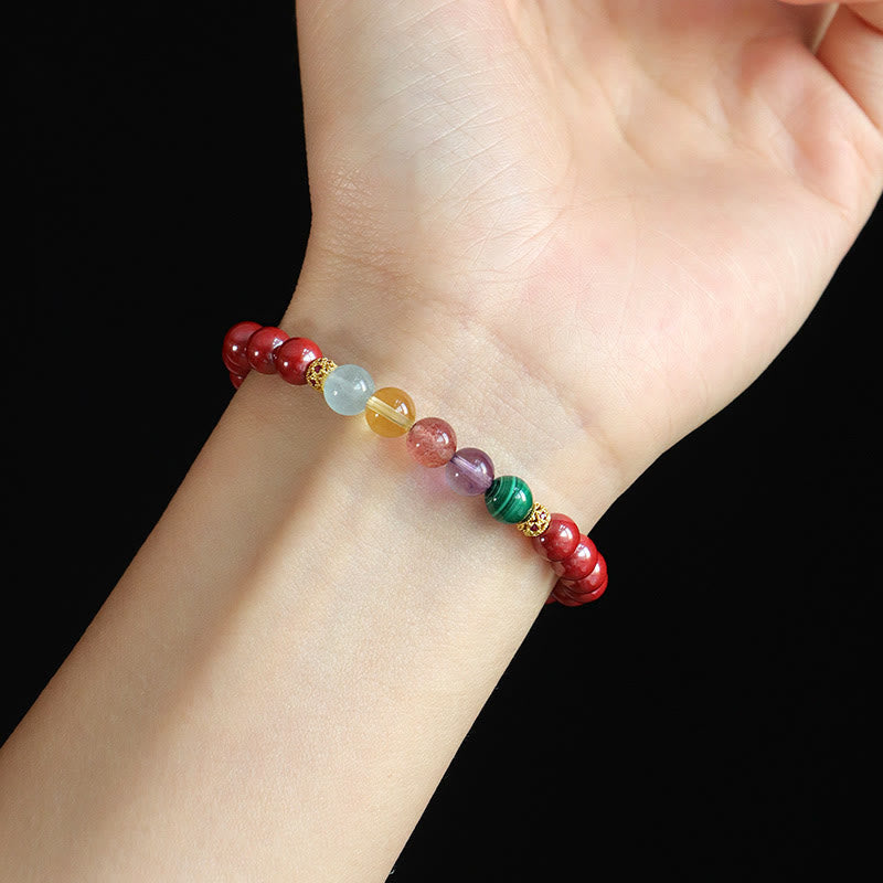 Bracelet de bénédiction en cinabre, aigue-marine, citrine, quartz fraise, améthyste et malachite Foviel