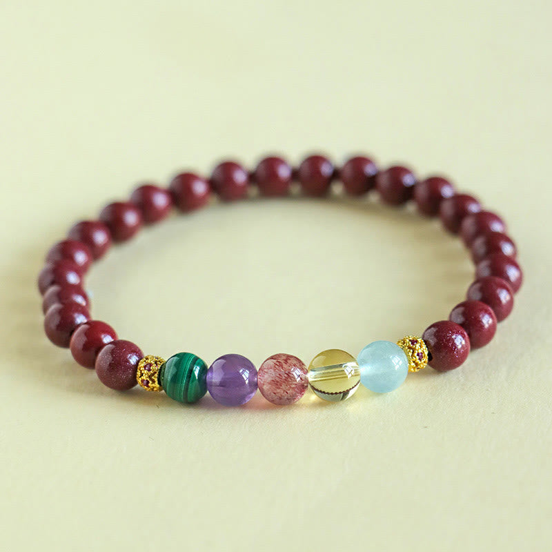 Bracelet de bénédiction en cinabre, aigue-marine, citrine, quartz fraise, améthyste et malachite Foviel