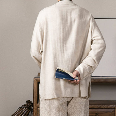 Buddha Stones V-Neck Men's Linen Long Sleeve Shirt Zen Clothing - image 14