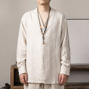 Foviel V-Neck Men's Linen Long Sleeve Shirt Zen Clothing