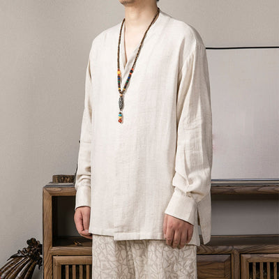 Buddha Stones V-Neck Men's Linen Long Sleeve Shirt Zen Clothing - image 12