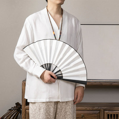 Buddha Stones V-Neck Men's Linen Long Sleeve Shirt Zen Clothing - image 1