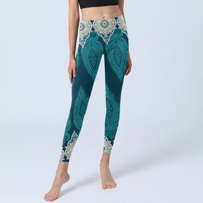 Buddha Stones Green Feather Flower Print Gym Fitness Leggings Women's Yoga Pants - image 5