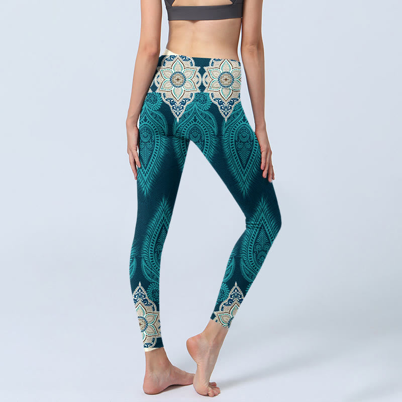 Buddha Stones Green Feather Flower Print Gym Fitness Leggings Women's Yoga Pants - image 4