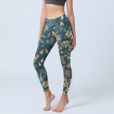 Buddha Stones Casual Daisy Flowers Leaves Print Gym Fitness Leggings Women's Yoga Pants - SteelBlue - US18，UK/AU22，EU50 (4XL) - image 1