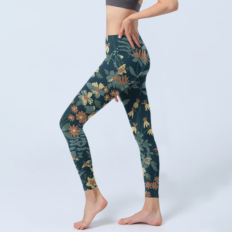 Buddha Stones Casual Daisy Flowers Leaves Print Gym Fitness Leggings Women's Yoga Pants - image 3