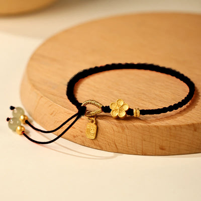 Buddha Stones Hetian Jade Small Peach Blossom Fu Character Charm Luck String Bracelet - Black Rope(Wrist Circumference: 14-19cm) - image 9