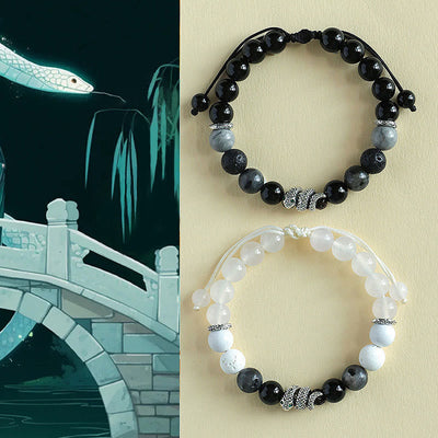 Foviel Black Onyx Schwarz Glitter Stein Weiß Achat Weiß Türkis Jahr der Schlange Schutz Armband