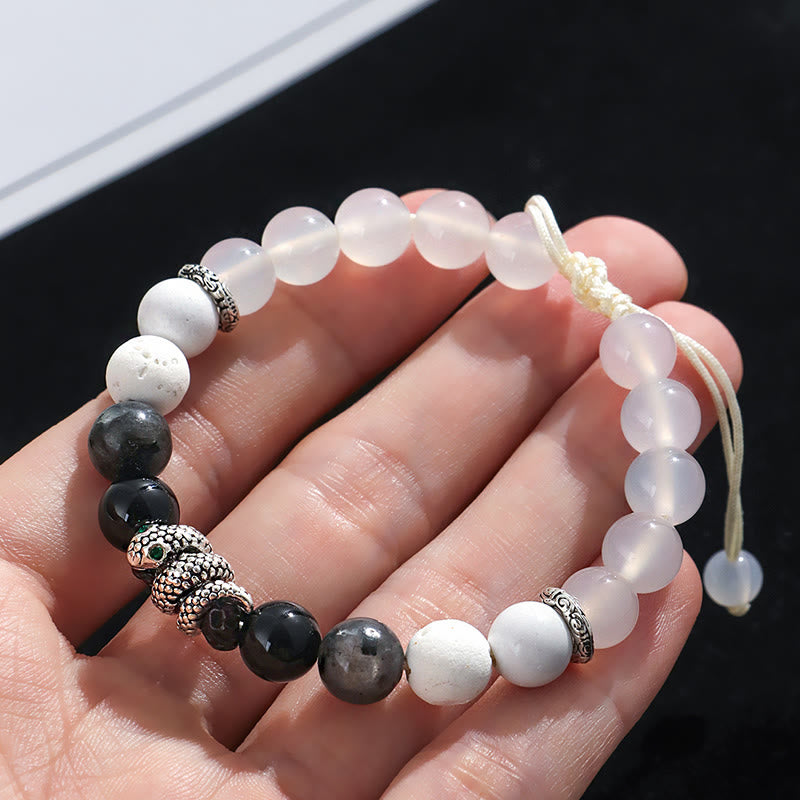 Foviel Black Onyx Schwarz Glitter Stein Weiß Achat Weiß Türkis Jahr der Schlange Schutz Armband
