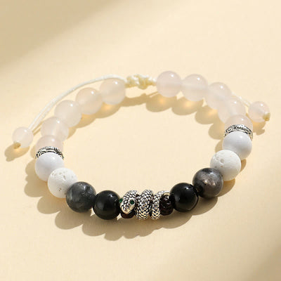 Foviel Black Onyx Schwarz Glitter Stein Weiß Achat Weiß Türkis Jahr der Schlange Schutz Armband