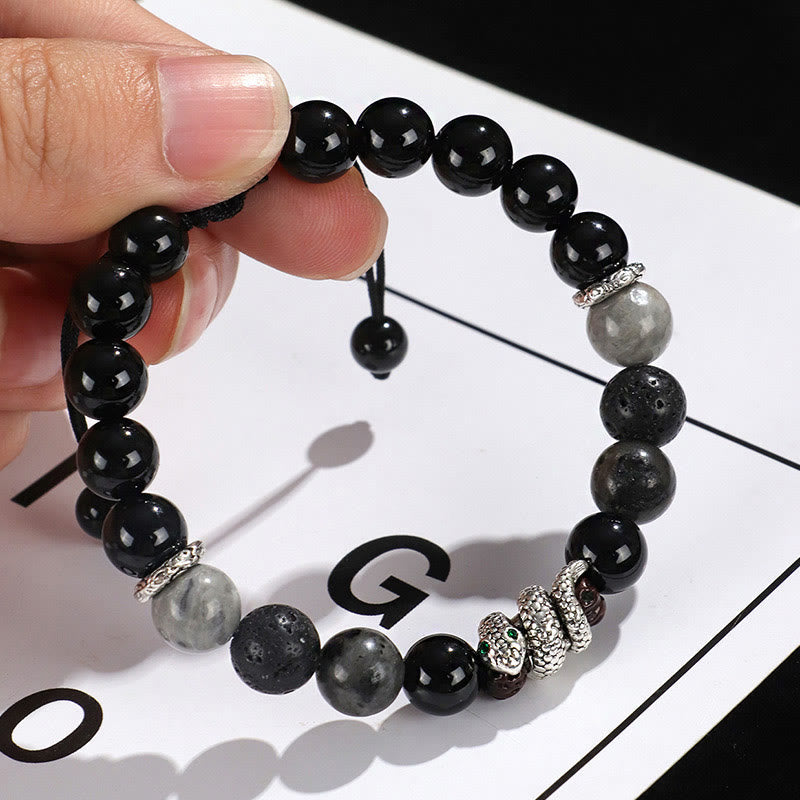 Foviel Black Onyx Black Glitter Stone White Agate White Turquoise Year Of The Snake Protection Bracelet