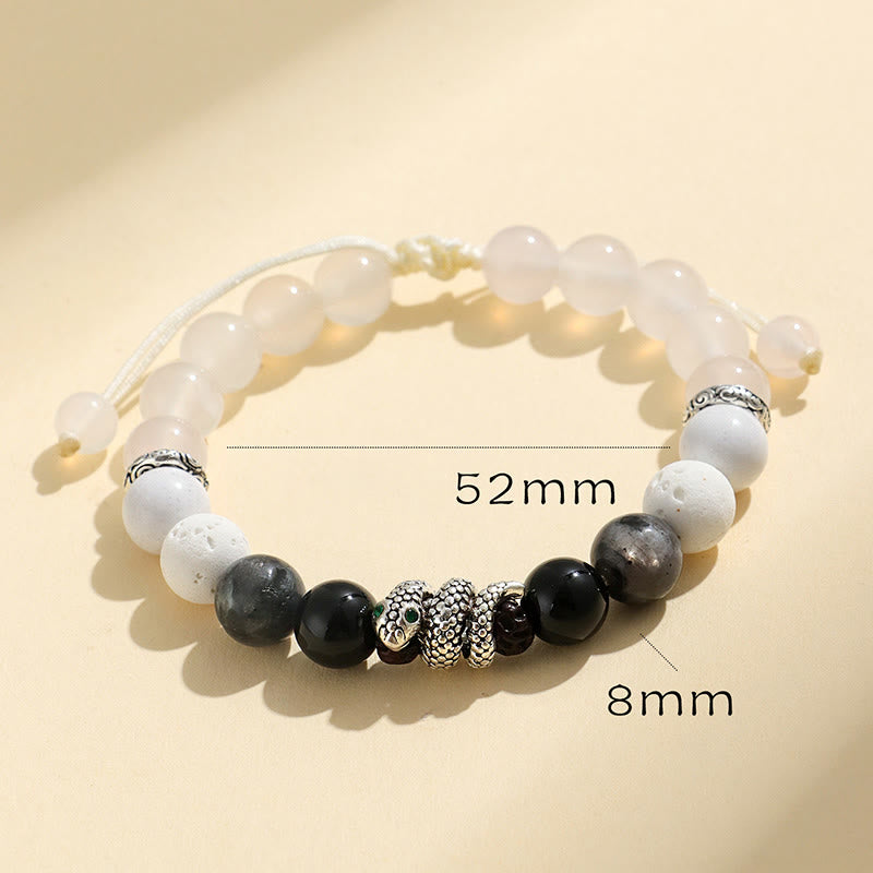 Foviel Black Onyx Schwarz Glitter Stein Weiß Achat Weiß Türkis Jahr der Schlange Schutz Armband
